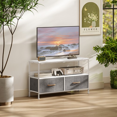HOMCOM TV Cabinet, TV Console Unit with 2 Foldable Linen Drawers White - Picture 2 of 11