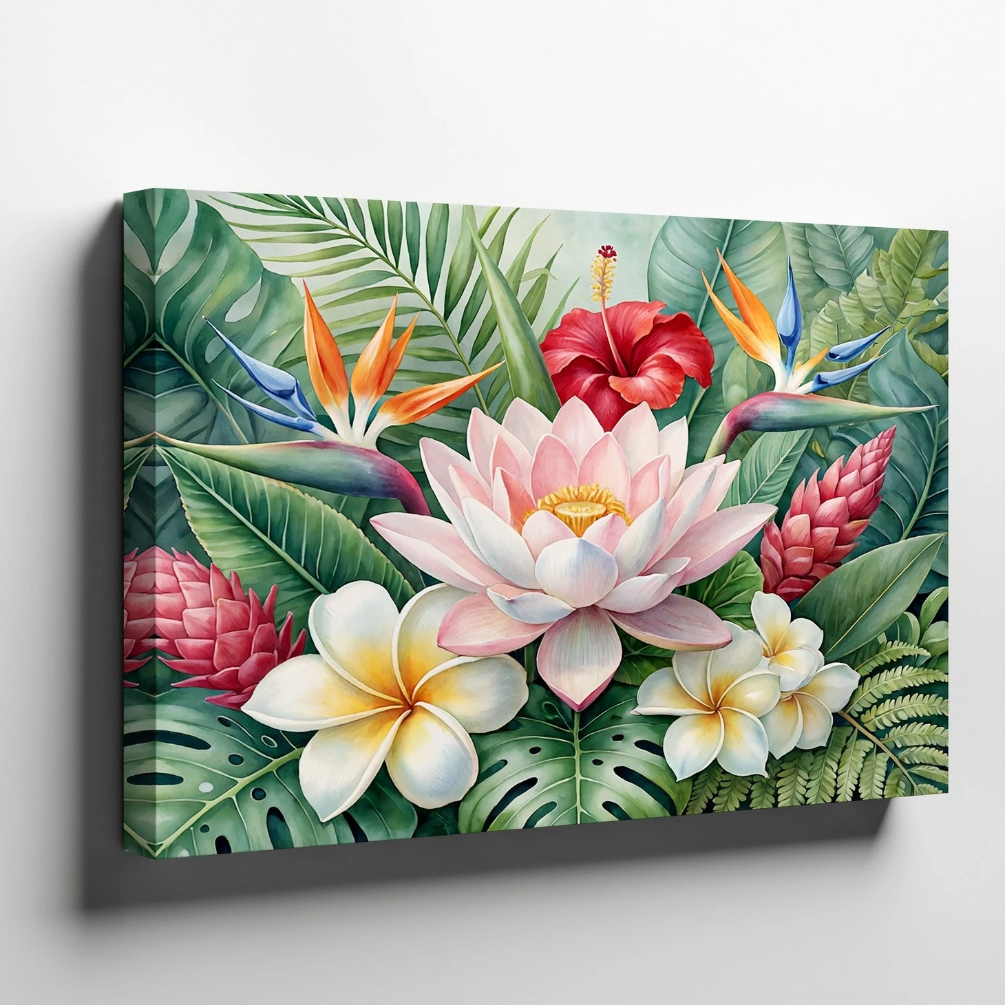 Tropical Flower Canvas Wall Art with Lotus Hibiscus Plumeria & Bird of Paradise