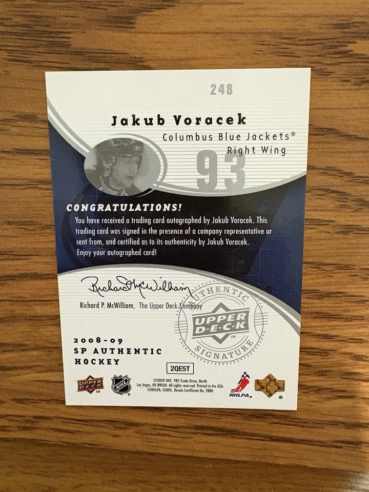 2008-09 JAKUB VORACEK ROOKIE AUTO /999 UPPER DECK SP AUTHENTIC #248 FUTURE WATCH - Image 4 of 4
