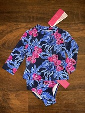 Lilly Pulitzer Girl 3 Navy ITS OFISHELL BOBBY RASHGUARD SWIMSUIT Swim Set NWT