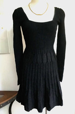 GUESS Textured Knit Short Dress Long Sleeve A-Line Square Neck Fit & Flare Blk S