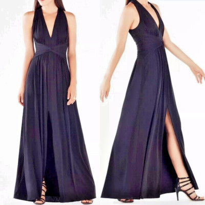 BCBG Max Azria 'Danicka' ~ Black Jersey Deep V Open Back Slit Gown 2 NEW $338