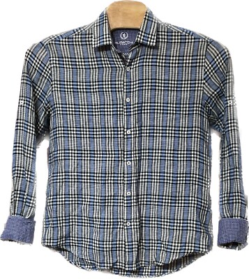 Bugatchi Shaped Fit L Shirt Blue Plaid L/S Linen Flip Cuff SEE MEASUREMENTS