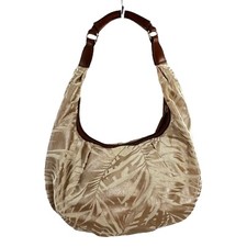 Tommy Bahama Shoulder Hobo Handbag Ivory Metallic Tropical Palm Linen Leather