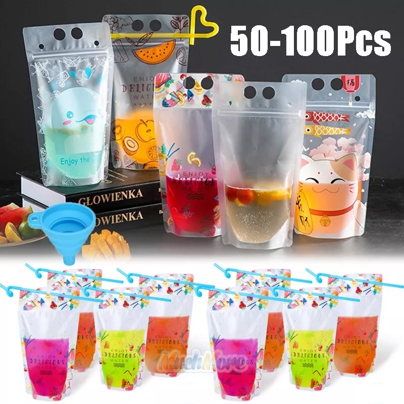 100 Pcs Drink Pouches with 100 Straw Holes, Freezable Juice Pouches,  Translucent Reclosable Zipper Plastic Pouches Drink Bags for Cold & Hot  Drinks