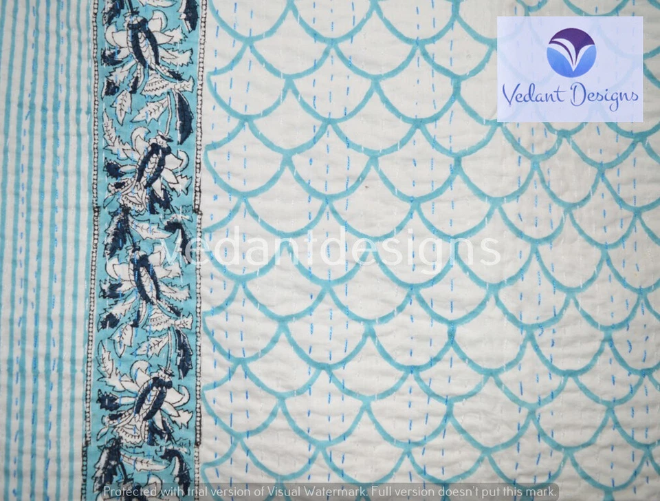 Colcha de algodão com estampa de bloco indiano Kantha feita à mão - Imagem 4 de 4