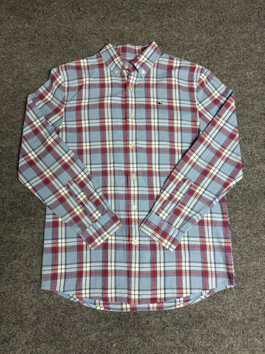 Vineyard Vines Shirt Youth Medium Blue Red Plaid Whale Long Sleeve Button Down