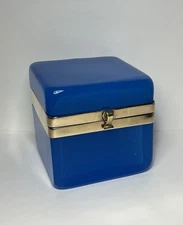 Antique French Opaline Blue Glass Casket Box Ormolu Trim Jewelry Trinket Box