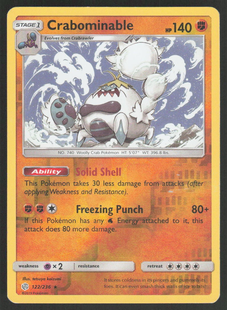 Crabominable 122/236 Rare Cosmic Eclipse Pokemon Reverse Holo Lightly Played