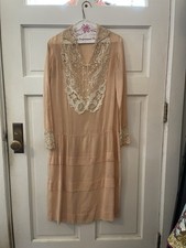 Antique Sheer 1920  s Flapper Ecru Dress Size S Lace Collar, Cuffs