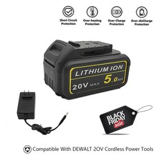 Battery and Charger Kit for DEWALT 20V MAX 5Ah 5.0Ah DCB205, Includes Charger