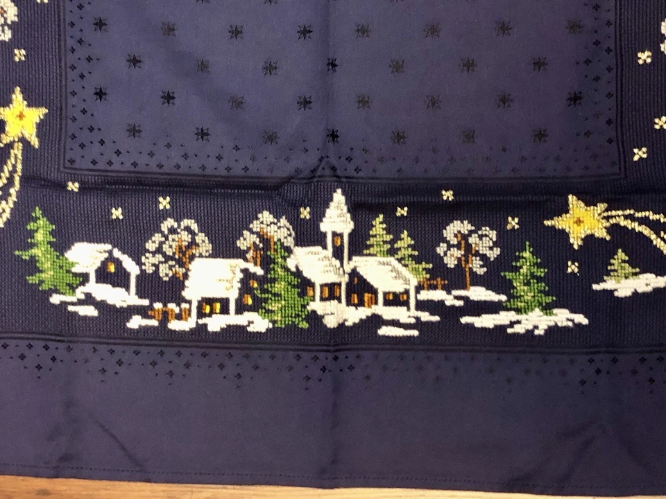 Vtg German Christmas Table Topper Cross Stitched Village Scene Blue White 31.5” - Image 4 of 4