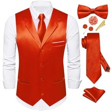 Mens Satin Vest and Tie Solid Suit Waistcoat and Pre-tied Bowtie Large Orange