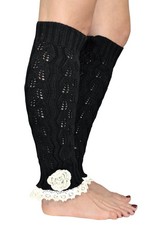Womens Knitted Crochet Ribbed Cable Knit Long Leg Warmers Rose Crochet Black