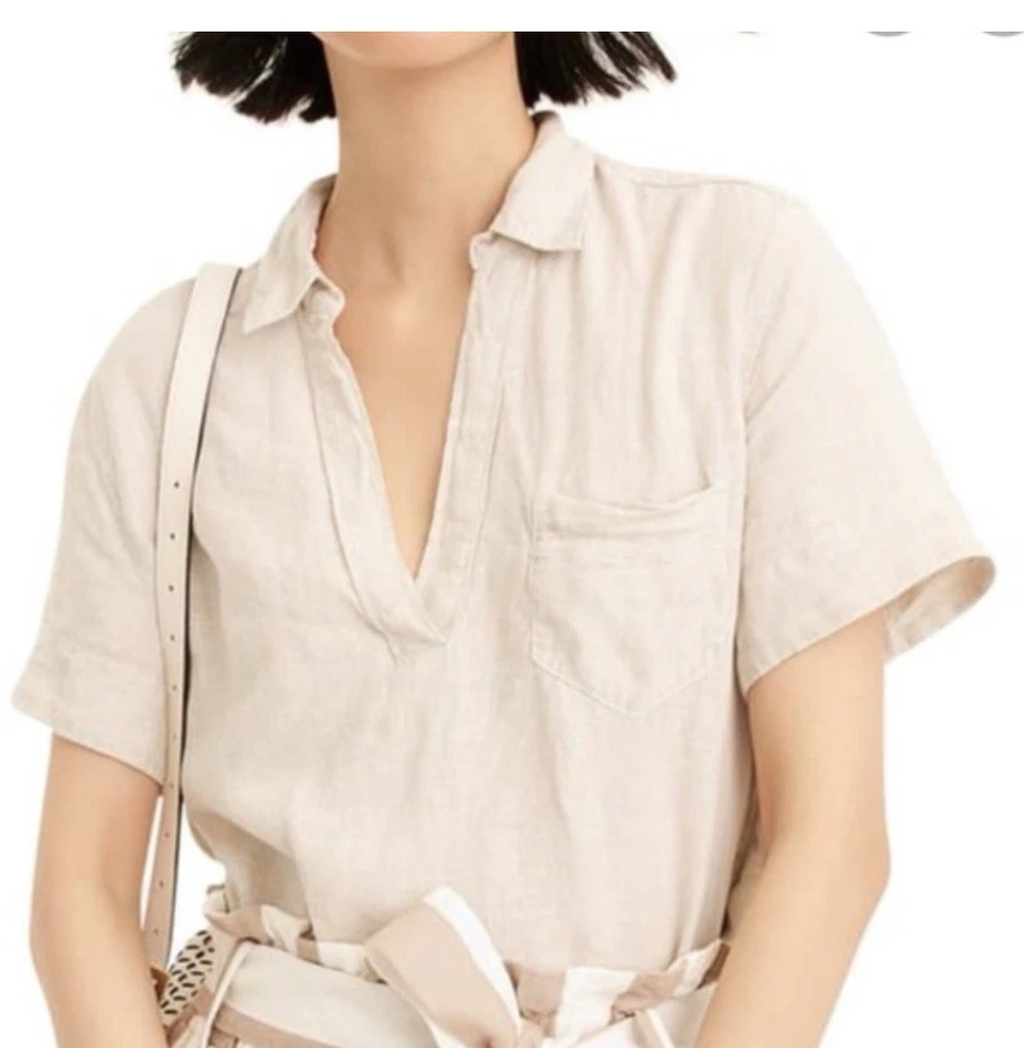 J. Crew Linen Blouse Popover Short Sleeve Shirt X Large Tan Coastal Minimalist - Image 2 of 4