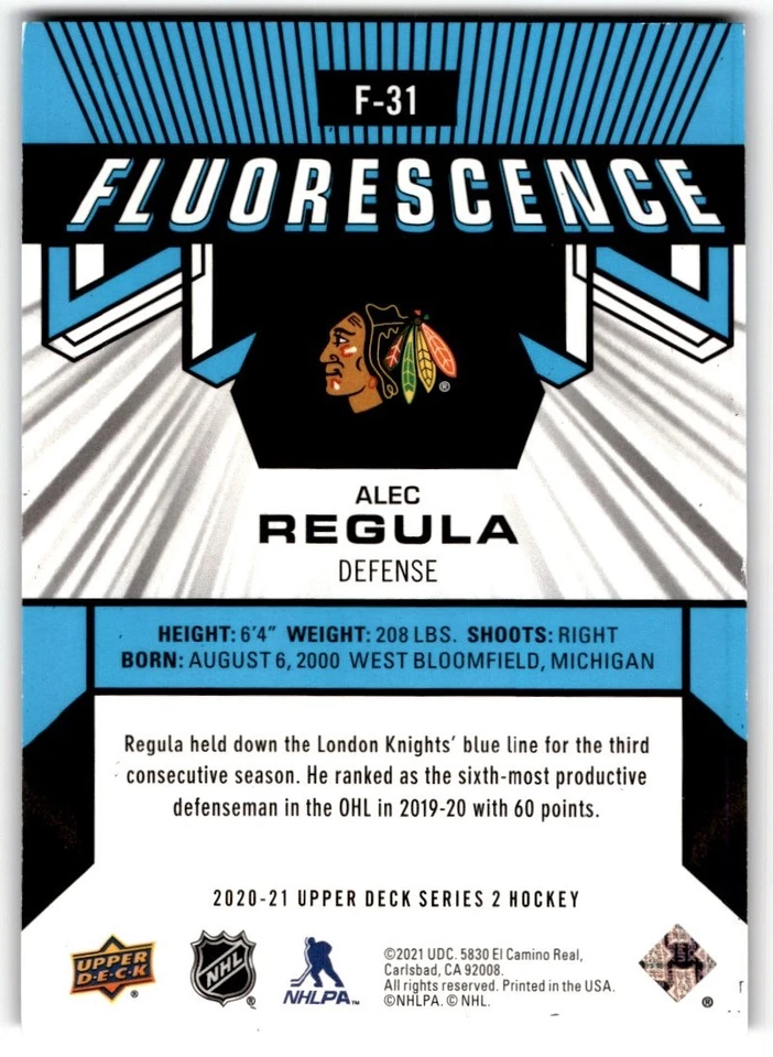 2020-21 Upper Deck Fluorescence Blue Alec Regula Rookie /50 #F-31 Chicago - Image 2 of 2