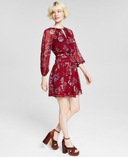 Vince Camuto Women's Floral Printed Fit & Flare Chiffon Dress Burgundy Size 10