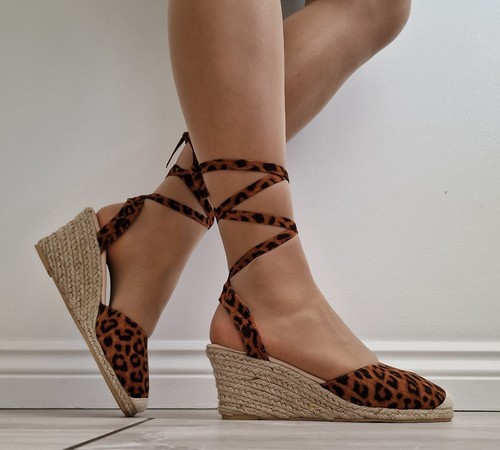 Womens Leopard Espadrille Sandals Ankle Strap Tie Up Wedge Heel Platform Shoes - Picture 3 of 7