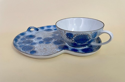 Fujita Kutani Shuho Blau Sandwich Tablett(e) Chrysantheme Pfingstrosen Teeservice Japan - Bild 3 von 17