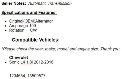 For Chevrolet Sonic 2012-13 2014 2015 2016 (1.8L) Automatic Alternator OEM - Picture 2 of 11