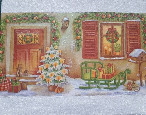 Weihnachtshaus Bild auf Keilrahmen-Serviettentechnik, beleuchtet mit 20 er LED - Bild 2 von 6