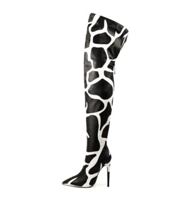Women's Sexy Zebra Print Pointy Toe Zipper High Heel Over Knee