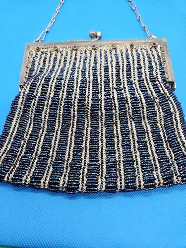 Antique Blue Beaded Mesh Purse w/ Ornate Metal Frame - Picture 10 of 17