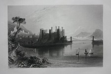 CONWY CASTLE, WALES, original antique Victorian print, Finden, c.1841