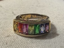 Sterling Silver Gold Vermeil Rainbow Natural Gem Band Ring Bold Sz 9.25