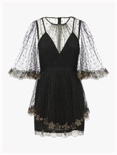 Black Mesh Golden Embroidery Flower Lace Dress Mini Dress