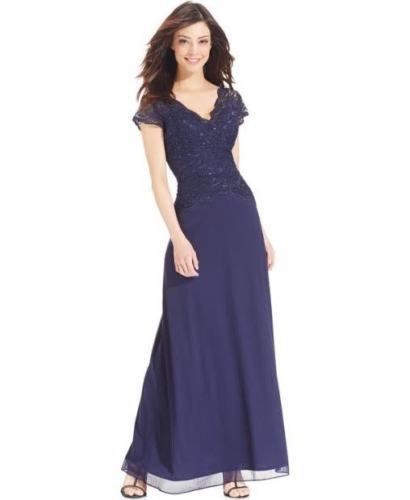 ONYX NITE Navy Shimmer Lace Bodice V-Neck Cap Sleeve Formal Gown