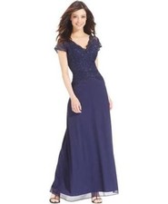 ONYX NITE Navy Shimmer Lace Bodice V-Neck Cap Sleeve Formal Gown 2 NEW 119