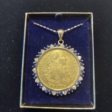 8 Escudo 1795 Spanish Doubloon set In 14k Gold Pendant w Sapphires & Diamonds