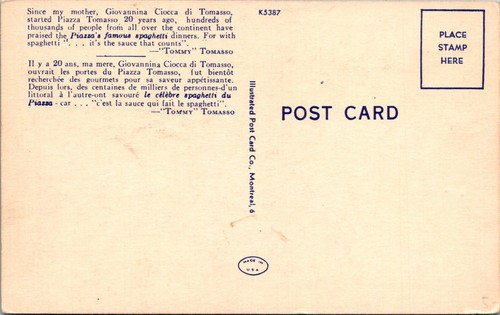 MONTREAL, CANADÁ - PIAZZA TOMASSO - POSTAL DE LINO DE COLECCIÓN - Imagen 2 de 2