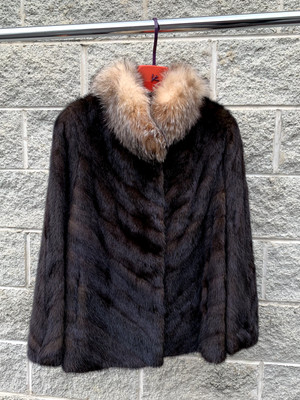 Vintage Brown Mink Car Coat with Crystal Fox Collar