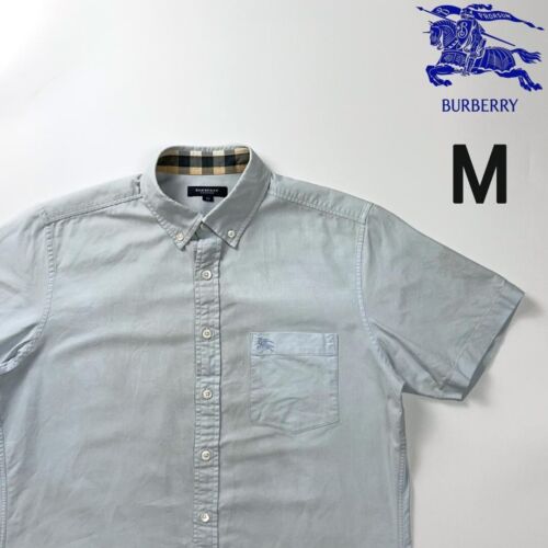 Burberry London Short Sleeve Shirt Chambray Light Blue Cotton Men Size M Used
