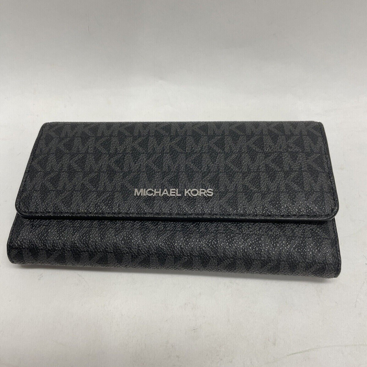 Michael Kors Large Trifold Black Signature Wallet Silver