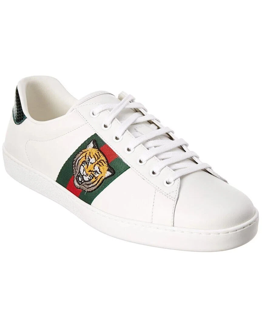 Gucci White Leather Ace Embroidered Tiger Low Top Sneakers Men&#039;s Size 8 US |