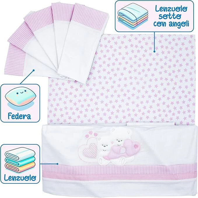 PASTELLO - COMPLETO LENZUOLA CARROZZINA NEONATO RICAMATO COTONE ORSETTO ROSA - Immagine 2 di 4