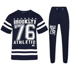 Kids Boys Designer Brooklyn 76 Navy Blue T Shirt Tops Trouser Tracksuit Set 5-13