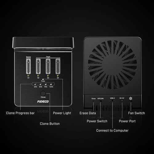 M.2 NVMe Cloner Dock, 4-Bay NVMe Cloner Duplicator with Foldable Cooling Fan - Afbeelding 9 van 15