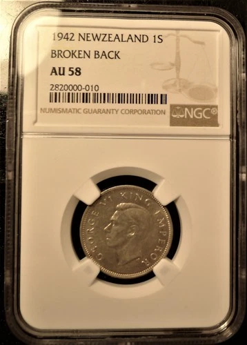 ✔ 1942 New Zealand 1 Shilling Silver Broken Back Error NGC AU-58 About Unc 1S