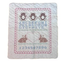 Hand stitched Vintage ABC Bears Crib Blanket Quilt 34x49 Pale Yellow Background