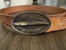 Belt Buckle Hamilton Standard and 36” X 1.5 Leather Belt Acorn Oak Leaf Vtg