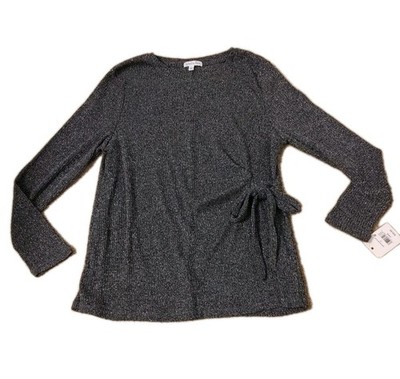 NEW Ophelia Roe Shirt Large Long Sleeve Black Metallic Side Tie Casual Ribbed L