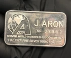 Scarce J. ARON 1 Oz Silver Bar #02907 Collectible Vintage GREAT BAR