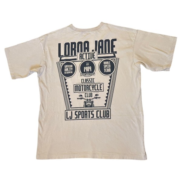 Lorna Jane Beige Graphic Retro Motorcycle Club Tshirt Size S But Very Oversized
