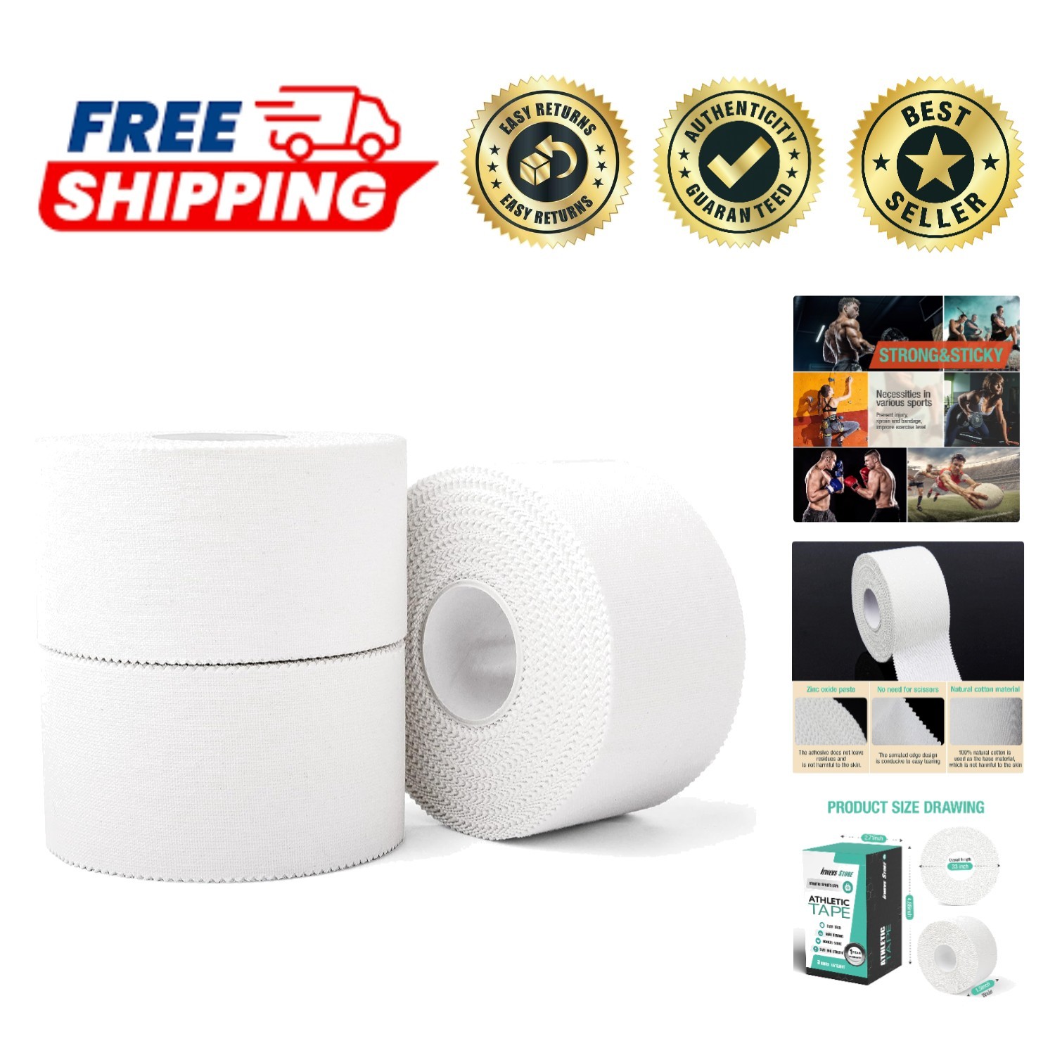 White Athletic Sports Tape - 3 Pack, Strong Adhesive, No Sticky Residue