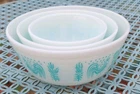 Vintage Pyrex Mixing Bowl Set, Amish Butterprint, Turquoise on White 401 402 403