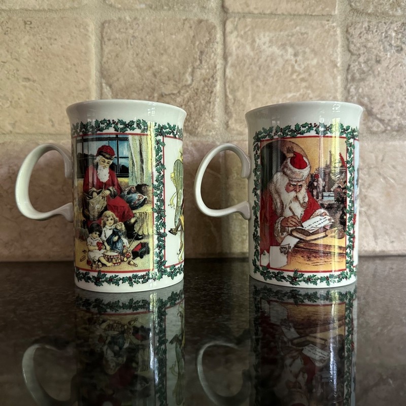 2 Vtg Dunoon Merry Christmas Victorian Prints Santa Coffee Mugs Cups Scotland